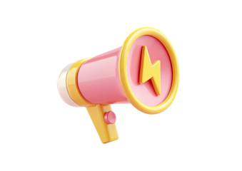 3D-rendered pink megaphone, yellow accents, and a lightning bolt icon