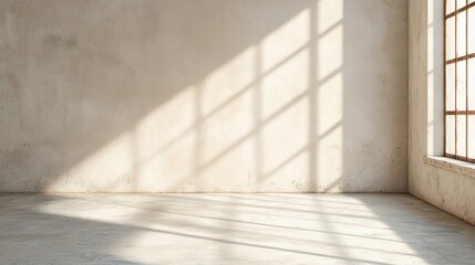 Sunlight Casting Shadows in a Minimalist Room with Textured Walls and Large Window Frame