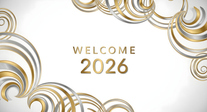 Welcome 2026 gold and silver abstract swirls background elegant new year greeting - Powered by Adobe