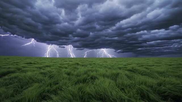 Dramatic landscape with storm clouds and lightning over a grassy field. Captured from a low angle, perfect for a nature video backdrop.
