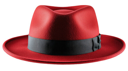 Classic red fedora with a black band on a transparent background