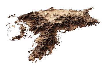 A stylized, sepia-toned topographic rendering of a landmass with rugged terrain