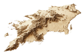 Three-dimensional topographical rendering of a landmass featuring mountains and coastlines