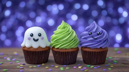 Whimsical Halloween Cupcakes Adorned with Ghost and Monster Designs in A Festive Celebration Setting