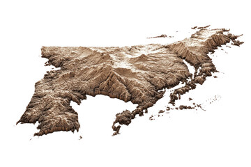 3D topographical rendering of land, showcasing mountainous terrain, coastline, and valleys against black
