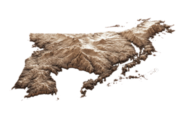 3D topographical rendering of land, showcasing mountainous terrain, coastline, and valleys against black