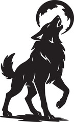 Black wolf howling at the moon silhouette isolated on white background