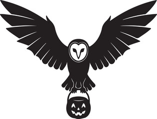 Barn owl silhouette with halloween pumpkin isolated on white background