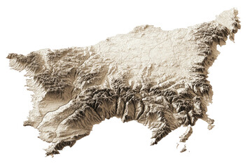 A sepia-toned 3D rendering of a geographical land mass, showcasing detailed topography on a black background