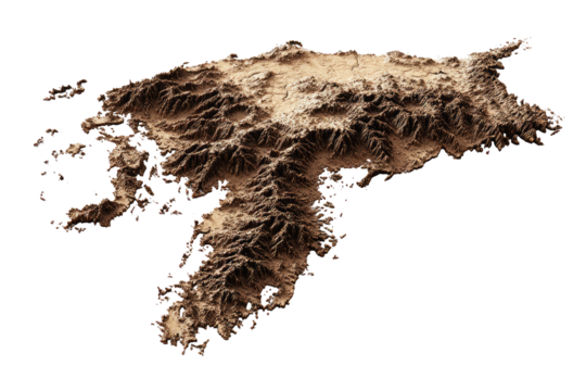 A stylized, sepia-toned topographic rendering of a landmass with rugged terrain