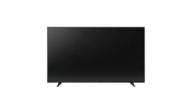 A dark, rectangular electronic screen, set against an expansive black background, supported by two legs