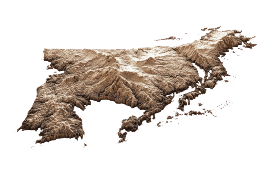 3D topographical rendering of land, showcasing mountainous terrain, coastline, and valleys against black