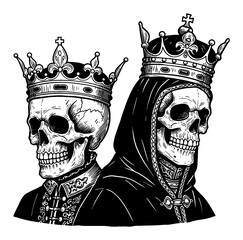 Skull King and Queen wearing Royal Crowns in Vintage Black and White Outline Line Art Drawing