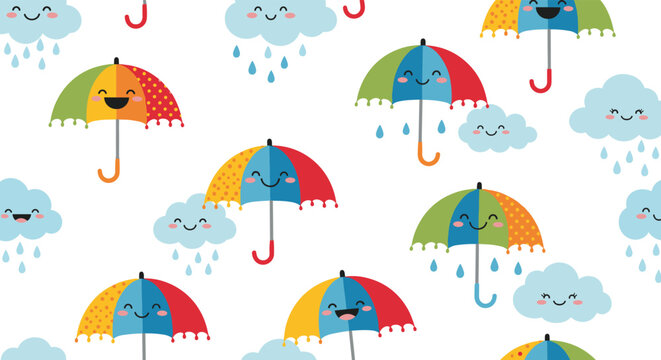 Cute cartoon umbrellas and clouds with happy faces on a white background.