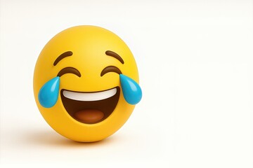 Fototapeta premium Happy yellow emoji face with joyful expression and tears of laughter on light background