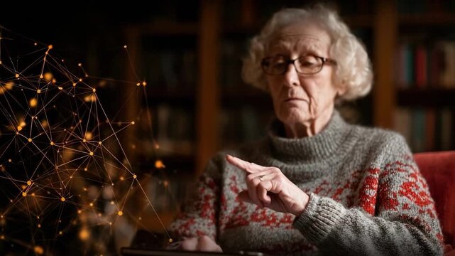 An elderly woman in a cozy sweater uses a tablet, with a glowing network of connected nodes hovering beside her. - Powered by Adobe