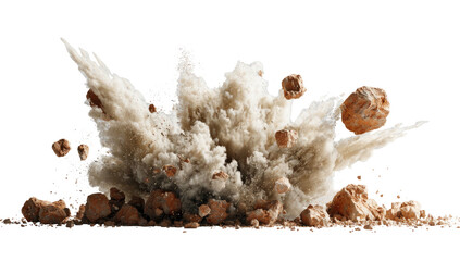 A high-definition depiction of an explosion mid-blast, scattering rocks and dusty debris