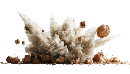 A high-definition depiction of an explosion mid-blast, scattering rocks and dusty debris