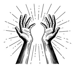 Detailed Two Hands Reaching Upwards with Dramatic Light Rays Black and White Outline Line Art Drawing
