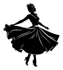 Retro Woman in Dress and Dancing Silhouette Vector Style Black and White Outline Line Art Drawing