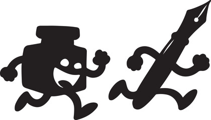 Ink bottle and fountain pen silhouette running isolated on white background