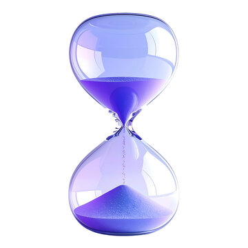 A transparent hourglass filled with purple sand, with grains slowly falling to the bottom