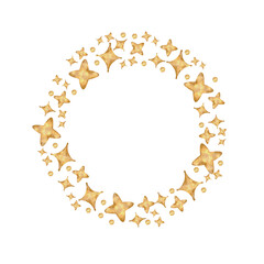 Watercolor wreath of golden stars and sparkles in a circular shape. Gentle shining composition for baby posters, festive cards, packaging, and Christmas decoration.