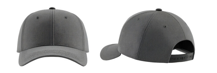 Two-view studio product shot of a gray, adjustable baseball cap. Isolated against a black background