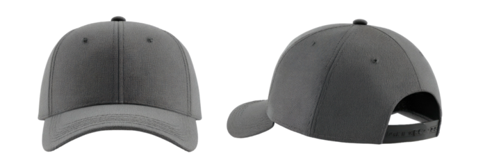 Two-view studio product shot of a gray, adjustable baseball cap. Isolated against a black background