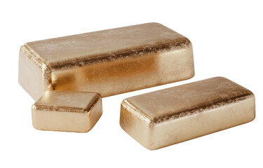 Shiny, golden ingots of various sizes are arranged against a stark black background