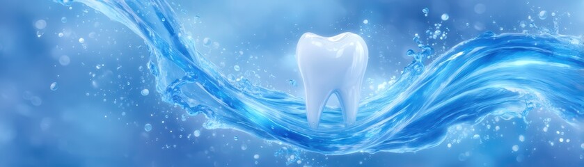 Bright white tooth in swirling water with blue splashes symbolizing dental care and hygiene for a healthy smile and fresh breath