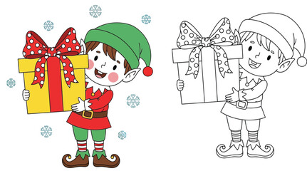 Fototapeta premium Cute Christmas Elf Holding a Gift Box - Festive Holiday Character Design for Coloring Book and Seasonal Projects