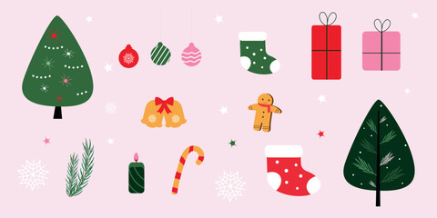 New year holiday winter set. New year tree, presents, socs, Christmas tree balls, jingle bells, candle, sweet. Vector illustration
