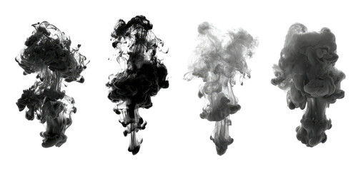 A collection of four abstract explosions or plumes in grayscale against a solid black background