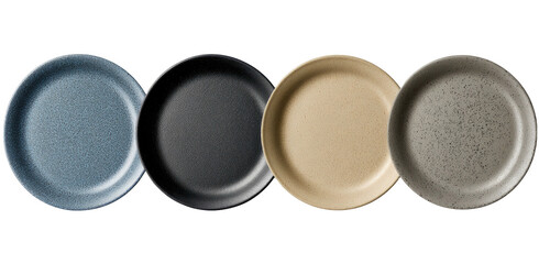 Four round ceramic plates in different neutral colors, arranged horizontally on a black background