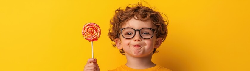 Obraz premium Cheerful child holding colorful lollipop with glasses against vibrant yellow background showcasing joy and innocence of childhood
