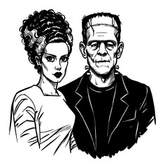 Frankenstein Bride and Monster Couple Portrait Black and White Outline Line Art Drawing