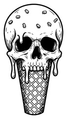 Detailed Melting Skull Shaped Ice Cream Cone Dripping Design Black and White Outline Line Art Drawing