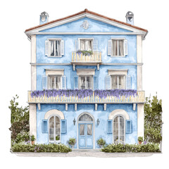Watercolor Mediterranean Villa with Lavender Flowers

