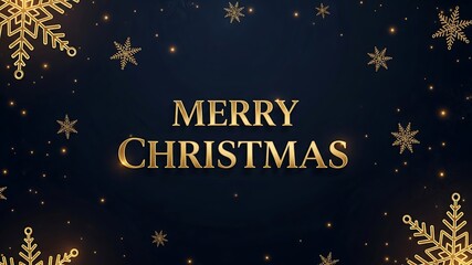 Naklejka premium Elegant Merry Christmas Greeting Card Design with Gold Snowflakes and Stars on Dark Blue Background, Perfect for Holiday Celebrations, Seasonal Greetings, Festive Decorations, and Winter Holiday
