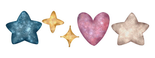 Watercolor set of stars and heart in blue, gold, pink, and beige tones. Celestial baby illustration for posters, greeting cards, packaging, fabric, and interior design.