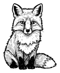 Obraz premium Charming Cute Fox Sitting Full Body Front View Detailed Black and White Outline Line Art Drawing