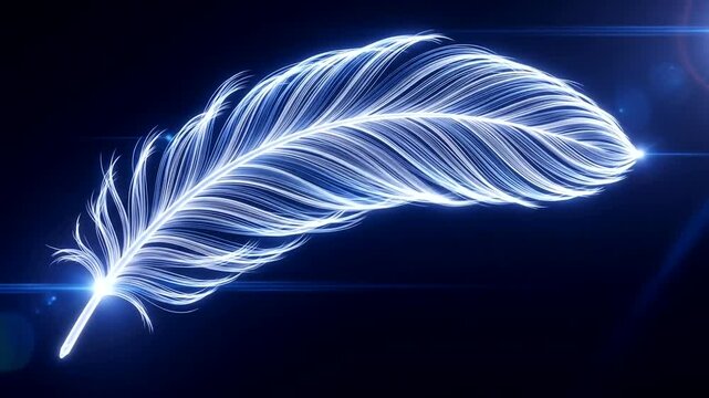 Ethereal glowing feather with luminous trails against a dark backdrop