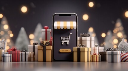 Mobile Phone with Shopping Cart Icon Displayed on Screen Surrounded by Gift Boxes and Holiday Decorations in Festive Scene