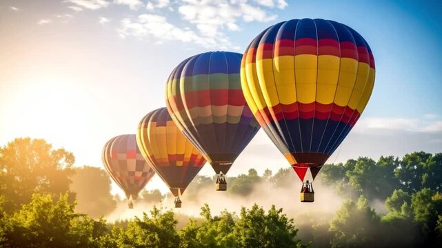 Hot Air Balloons Floating Over Scenic Countryside