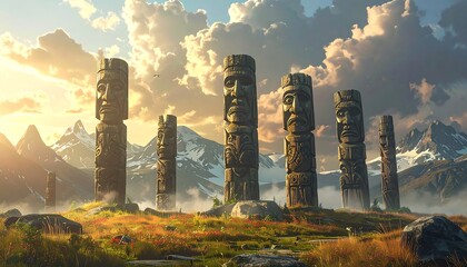 A digital painting features ancient carved stone columns on a grassy hilltop, snow-capped mountains in the background, under a cloudy sky