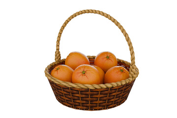 The basket holds the oranges on white background
