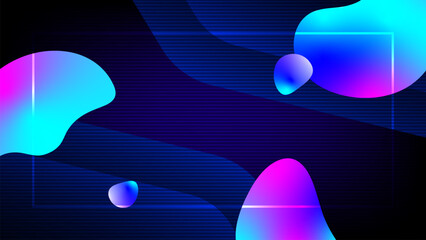 Modern abstract background featuring neon gradient fluid chemical shapes on dark blue. Technology and science biology concept