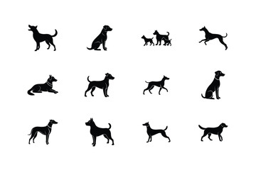 Collection of silhouetted dogs in various poses and breeds