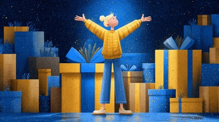 Joyful Child Girl Celebrating Surrounded by Gift Boxes in Blue Gold Night Scene